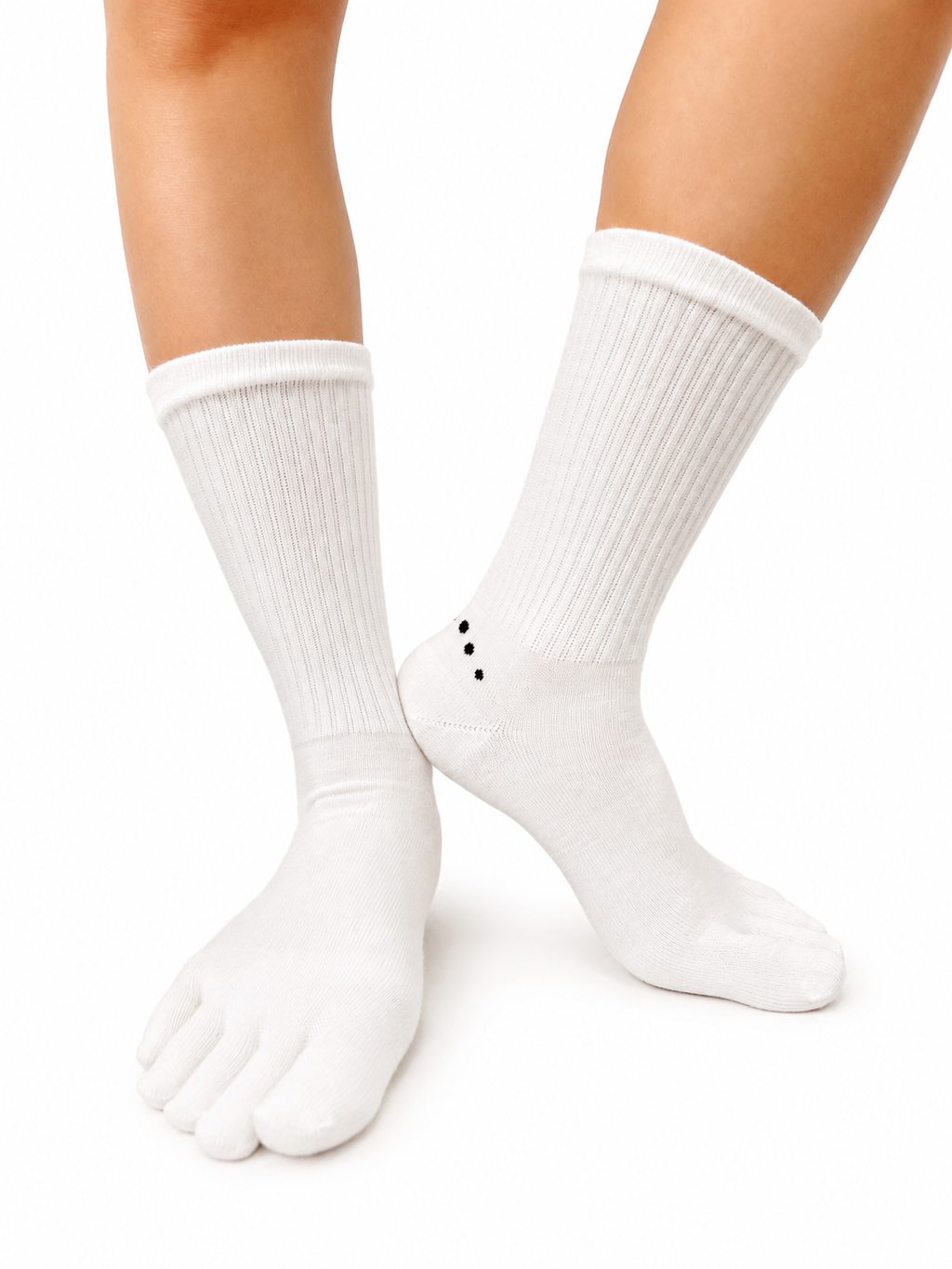 Albalana Crew merino toe socks in white, three-quarter view with the logo at the ankle