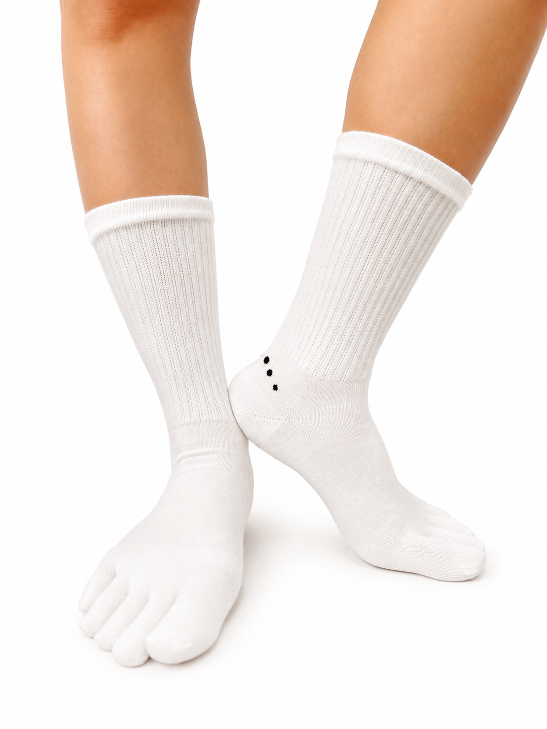 Albalana Crew merino toe socks in white, three-quarter view with the logo at the ankle