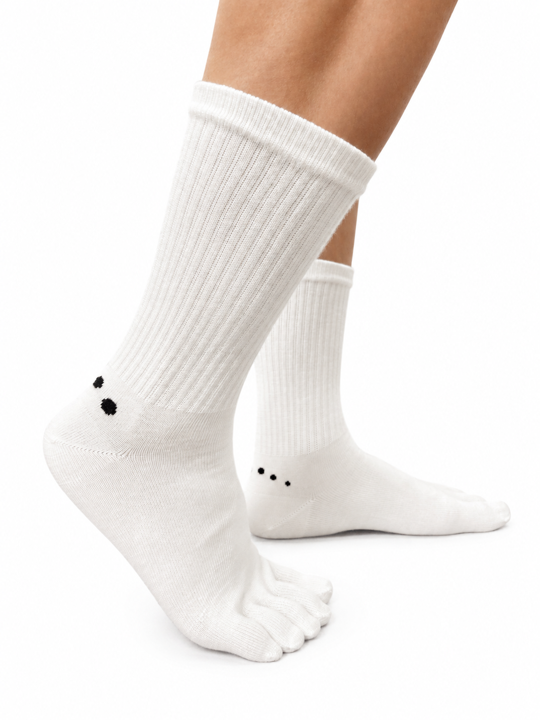 Albalana Crew merino toe socks in white, side view showing the logo above the heel