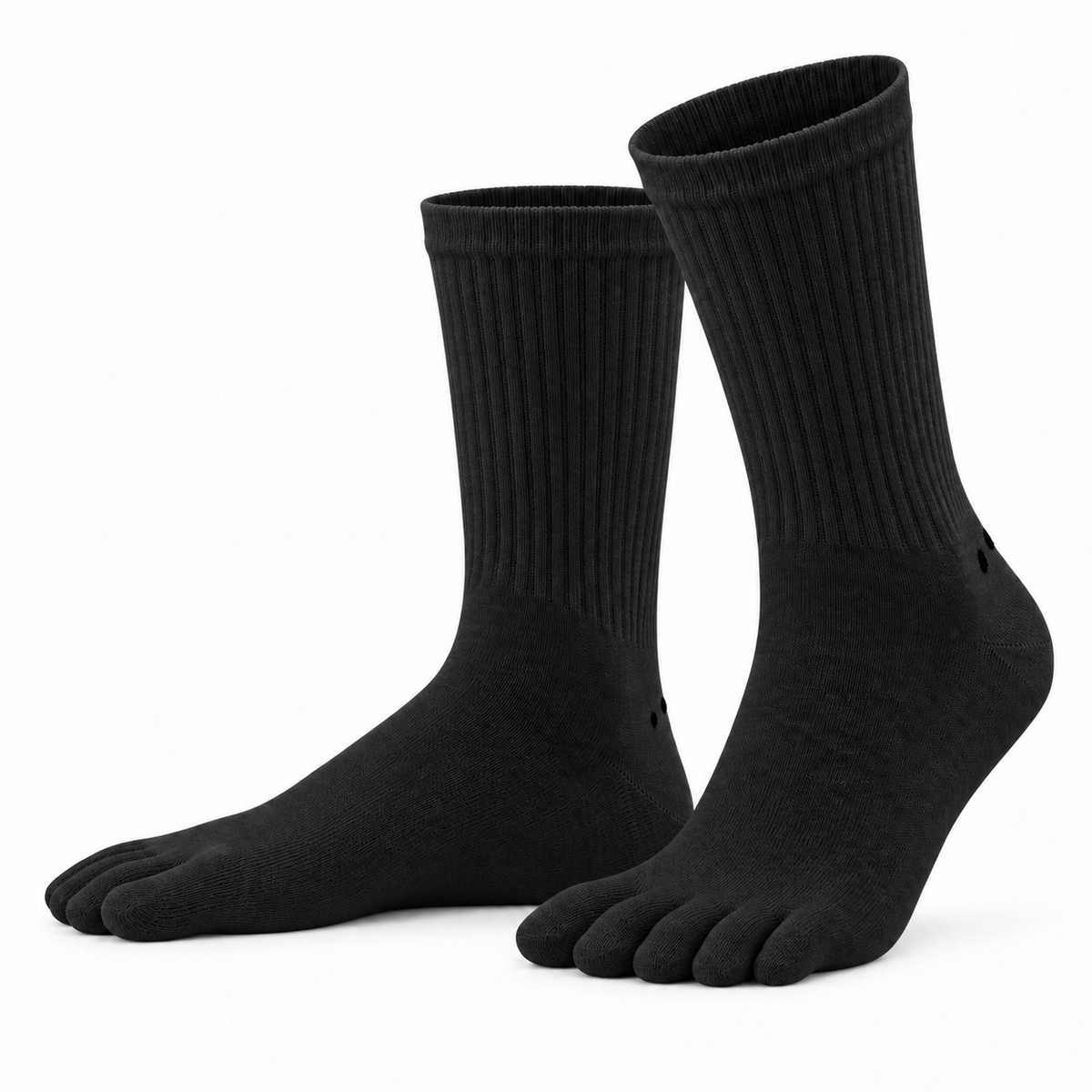 A pair of Albalana Crew merino toe socks in black, seen from the side on a white background