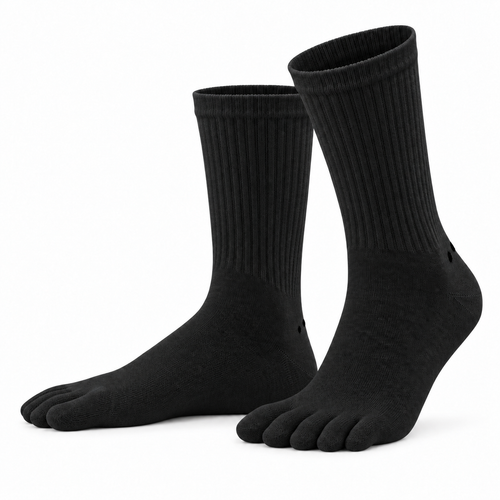 A pair of Albalana Crew merino toe socks in black, seen from the side on a white background